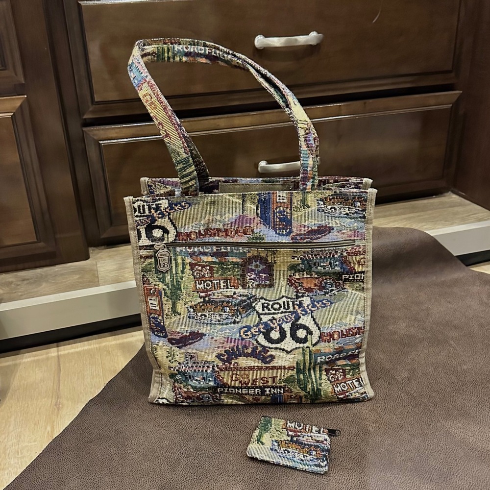 Vintage Jade Route 66 Woven Tapestry Tote Bag Coin Purse Americana Road Trip